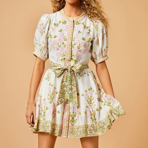 A Loves A Dresses & Skirts - A loves a white pink green Bubble Sleeve Floral Dress MISSING BELT size large